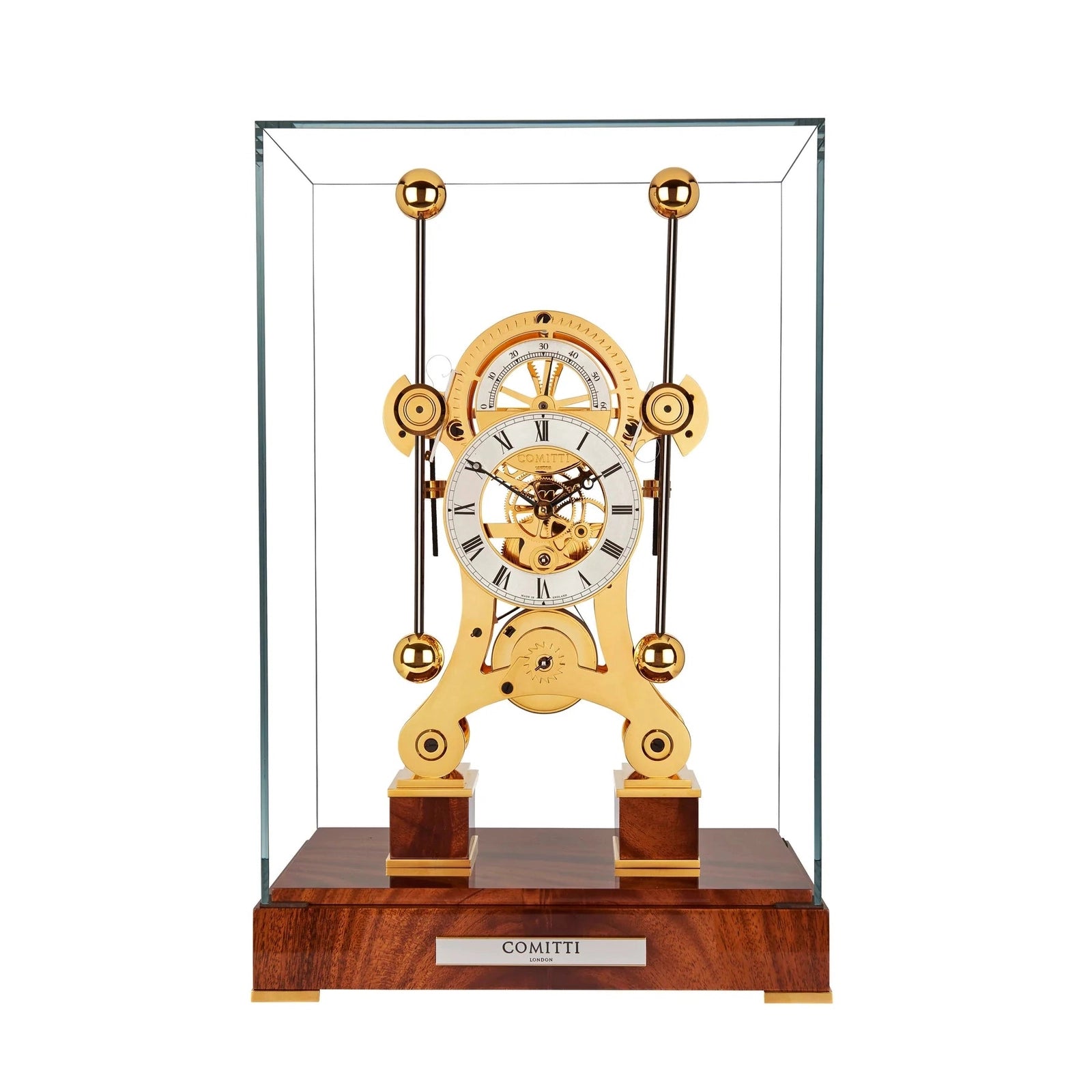 Comitti Navigator s5076g Table Clock, Gold Plated, Fusee Drive with Mahogany Base