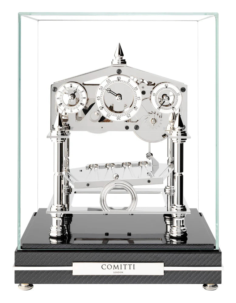 Comitti s5663s - Congreve Table Clock with Rhodium Plated Movement and Glass Carbon Fibre Base