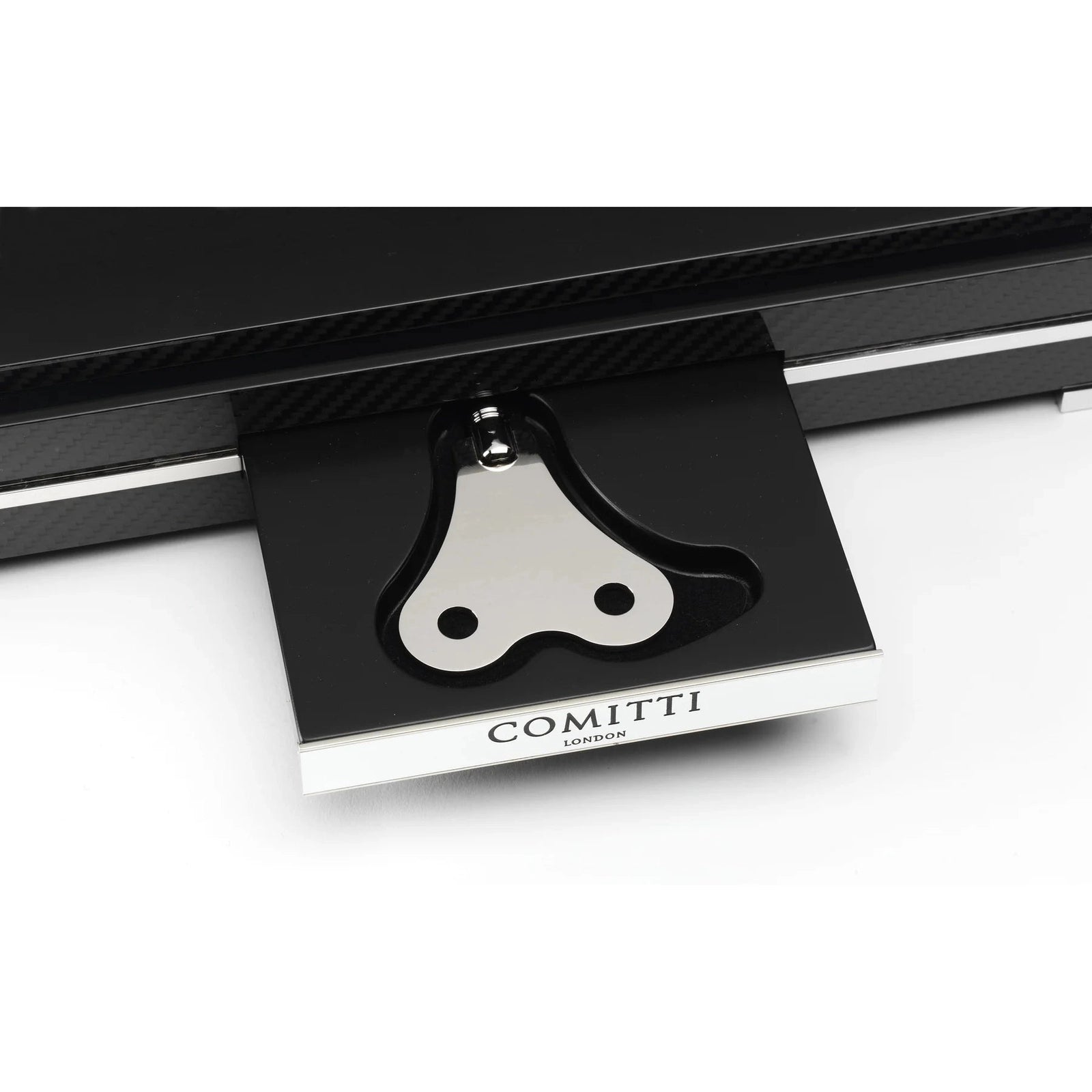 Comitti Navigator s5666s Table Clock, Rhodium Plated Fusee Mechanism with Piano High Gloss Carbon Fibre Base