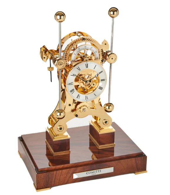 Comitti Navigator s5076g Table Clock, Gold Plated, Fusee Drive with Mahogany Base