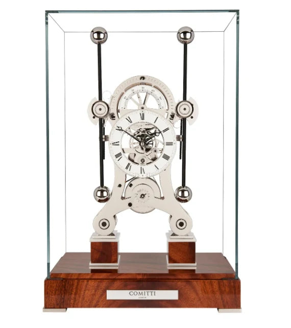 Comitti Navigator S5076S Table Clock, Rhodium Plated Fusee Mechanism with Gloss Mahogany Base Base