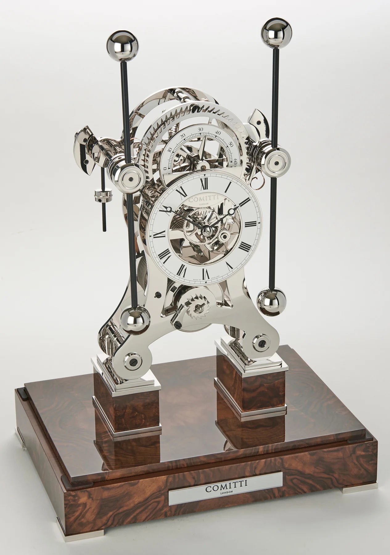 Comitti Navigator S5276S Table Clock, Rhodium Plated Fusee Mechanism with Gloss Walnut Base Base