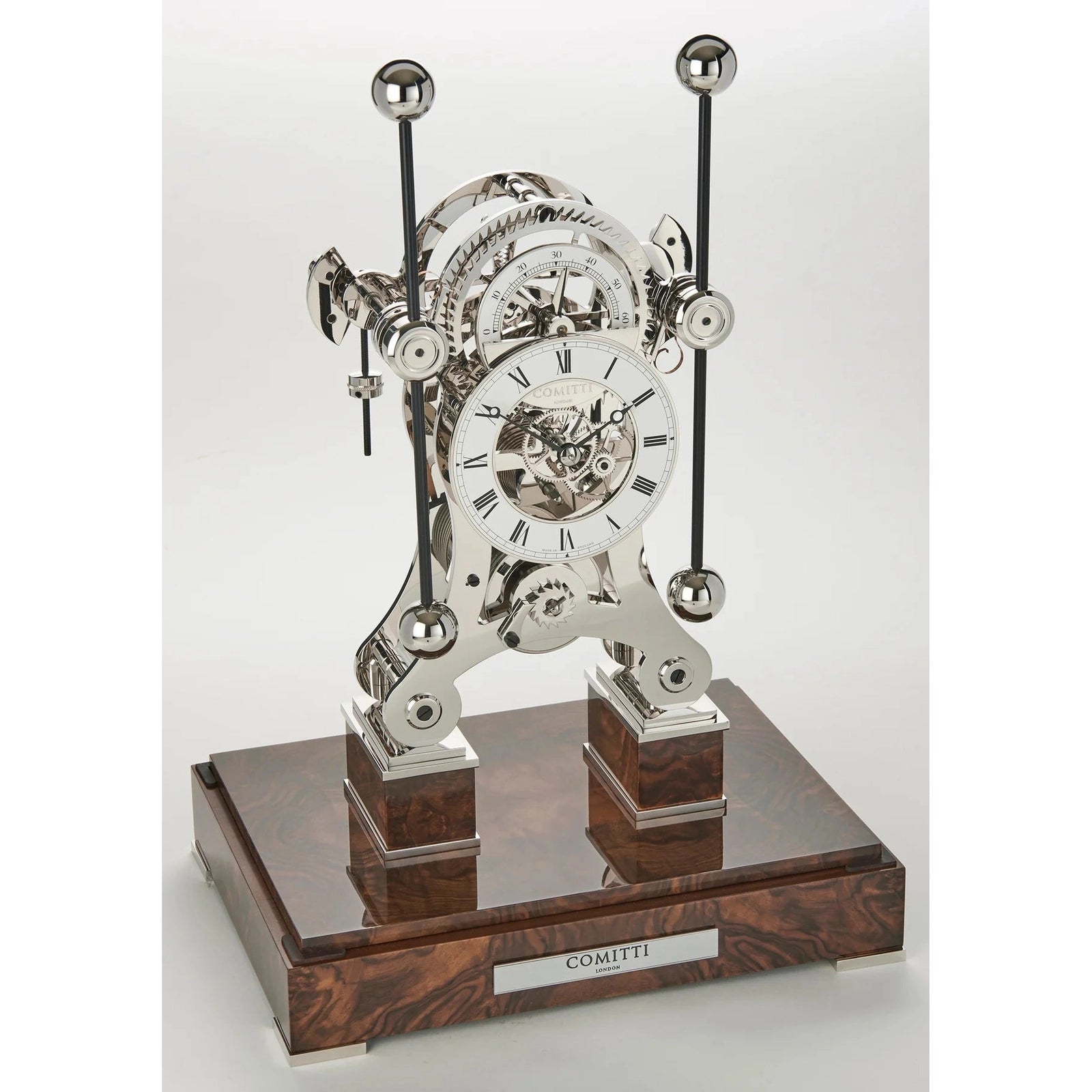 Comitti Navigator S5276S Table Clock, Rhodium Plated Fusee Mechanism with Gloss Walnut Base Base