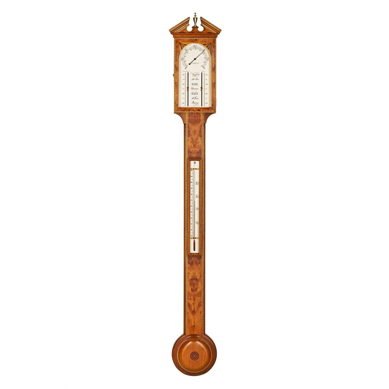 Comitti of London, Sheraton Door Stick Barometer, Cherry with Burr Yew Veneer, b425