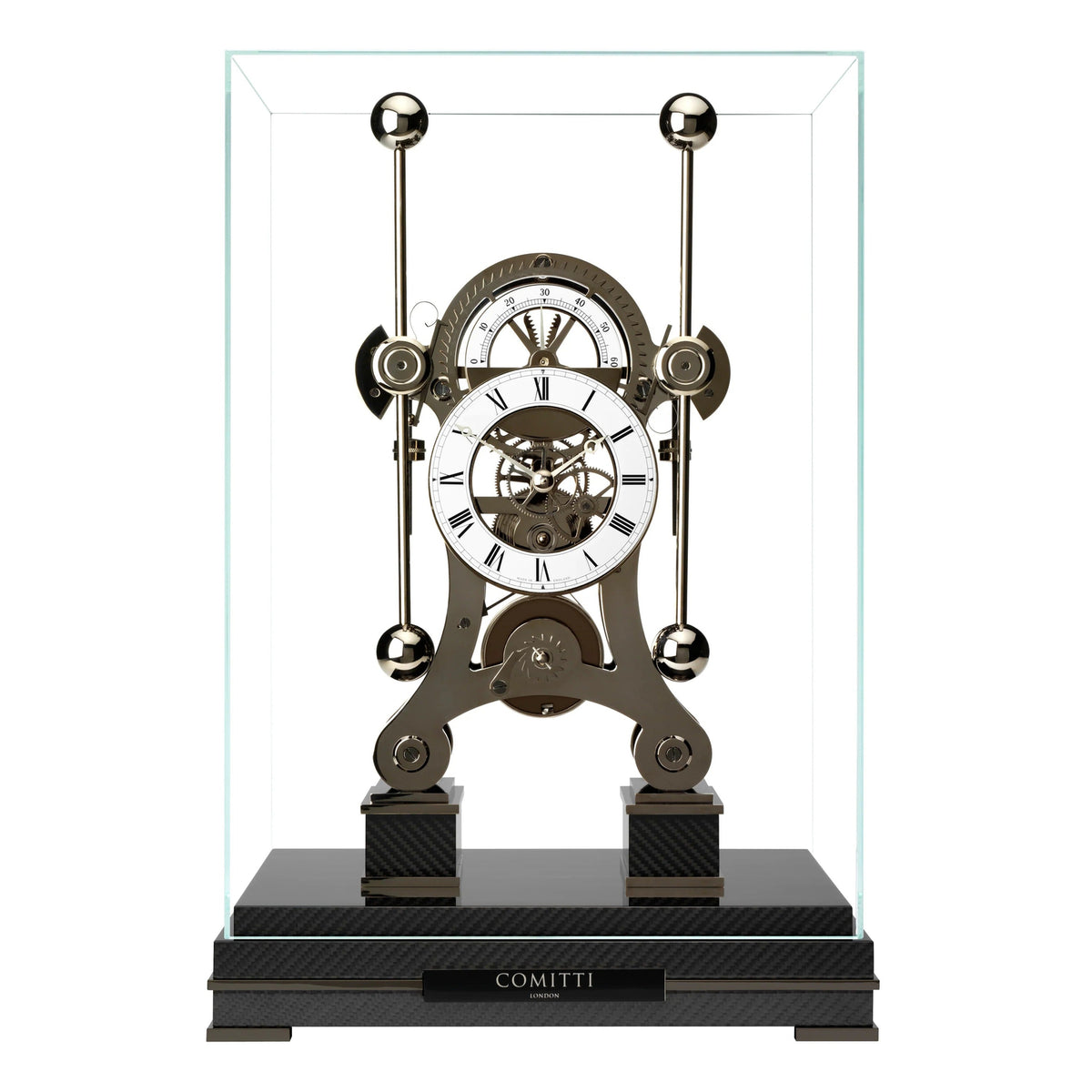 Comitti Navigator S5666B Table Clock, Limited Edition, Black Rhodium Plated, Gloss Carbon Fibre Base.