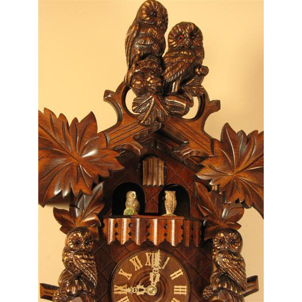 Rombach & Haas (Romba) HOOTING OWL Model 8360 Black Forest Cuckoo Clock, 8-Day, Spinning Owls