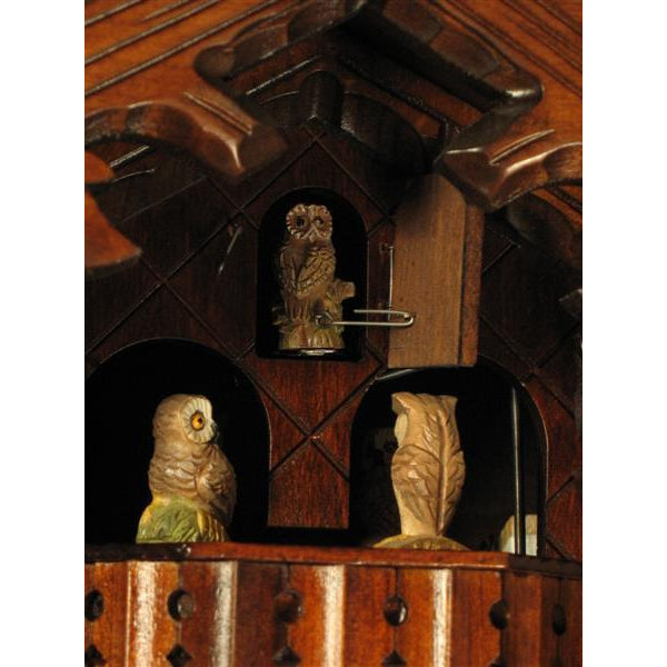 Rombach & Haas (Romba) HOOTING OWL Model 8360 Black Forest Cuckoo Clock, 8-Day, Spinning Owls