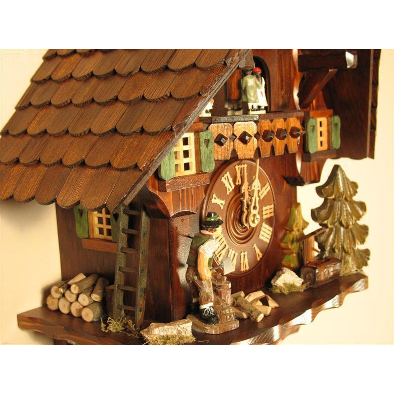 Rombach & Haas (Romba) WOODCHOPPER Model 8362, 8-Day Black Forest Cuckoo Clock, Chalet Style with Music Box and Dancers
