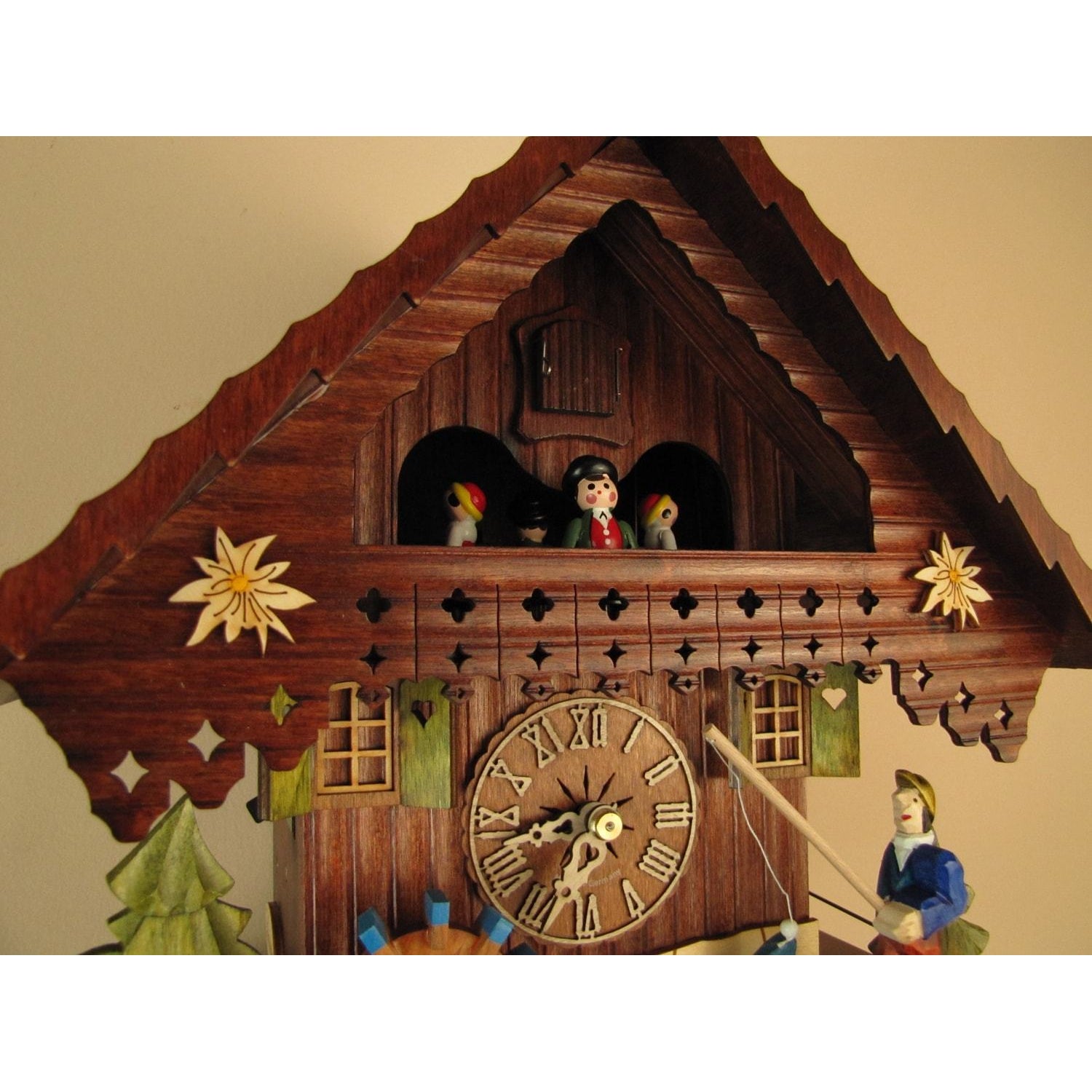 Sternreiter Fisherman Black Forest Mechanical Cuckoo Clock #1383 with Animated fisherman who Plays Blue Danube on LARGE Music Box