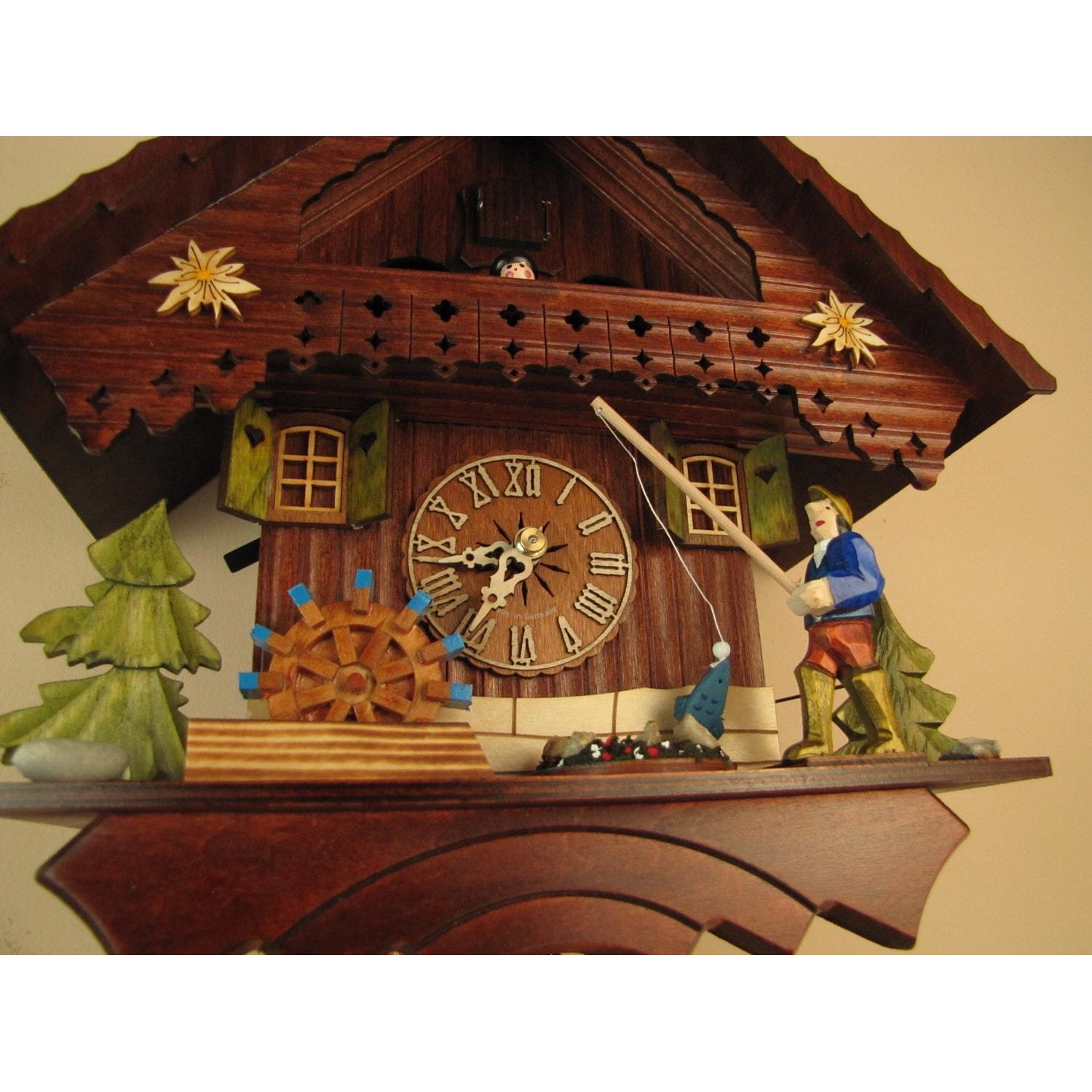 Sternreiter Fisherman Black Forest Mechanical Cuckoo Clock #1383 with Animated fisherman who Plays Blue Danube on LARGE Music Box