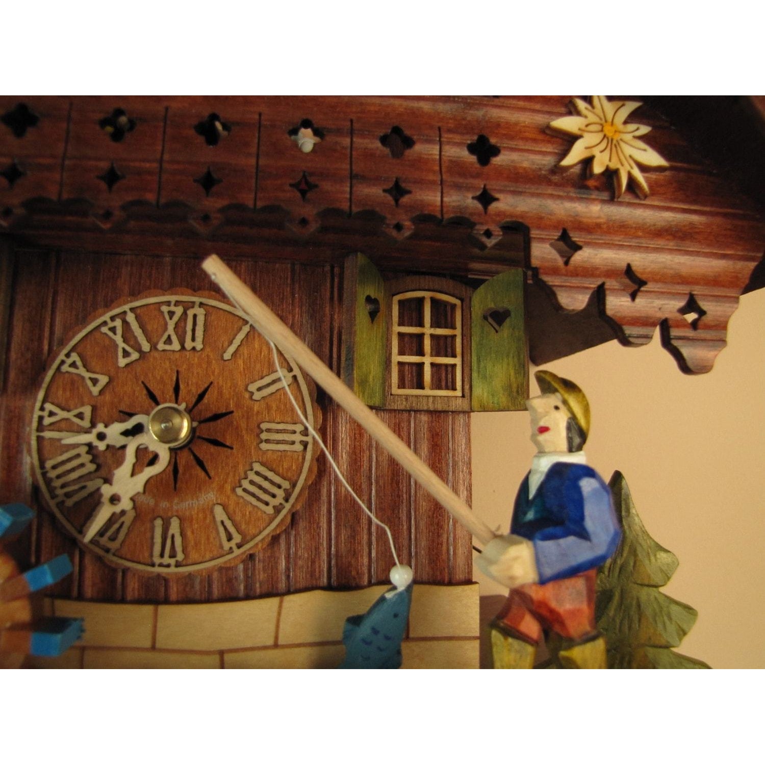 Sternreiter Fisherman Black Forest Mechanical Cuckoo Clock #1383 with Animated fisherman who Plays Blue Danube on LARGE Music Box