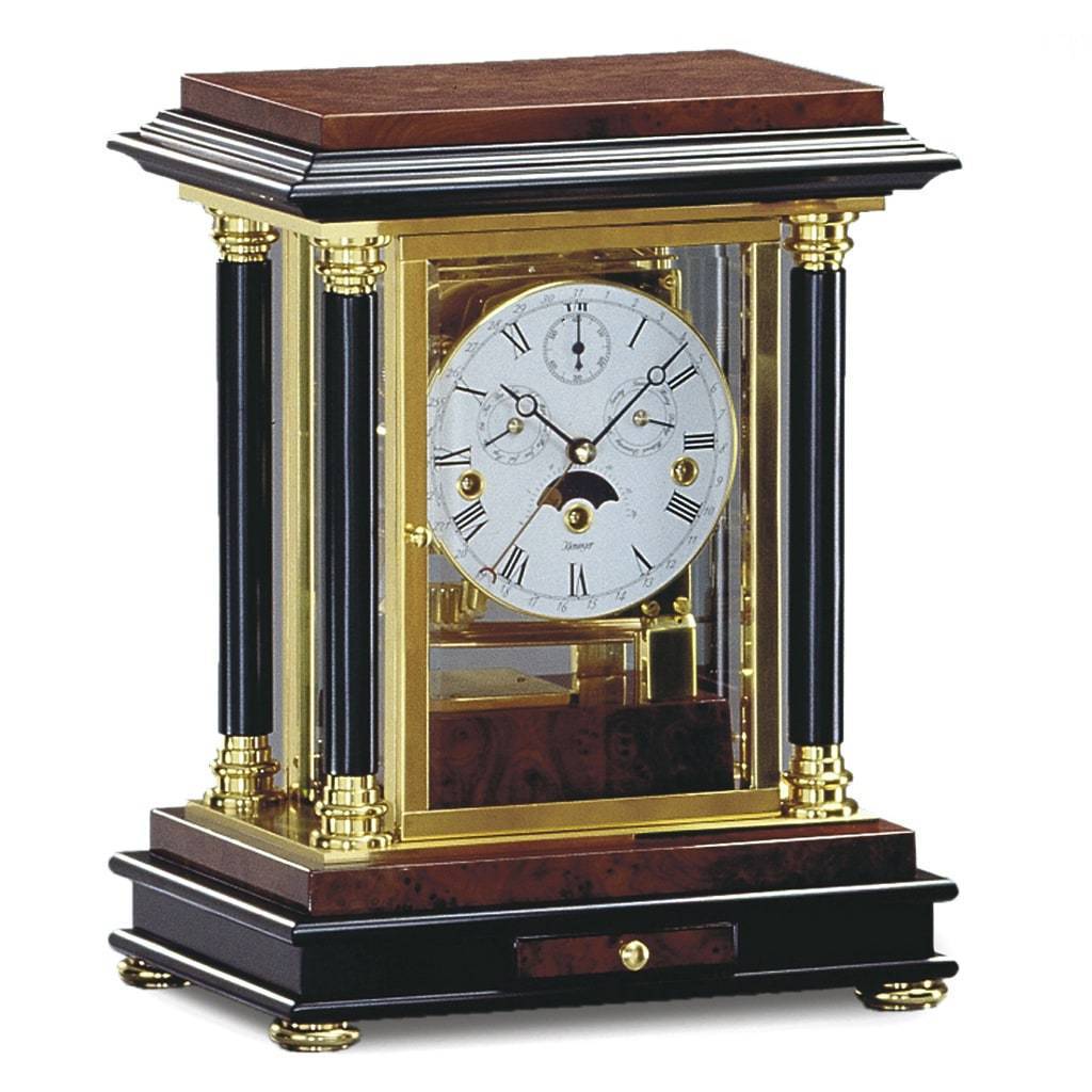 Mantel / Mantle / Table Clock - Kieninger 1246-82-02 ARTEMIS Classical Mantel Clock With Calendar And Moonphase In Burl Walnut