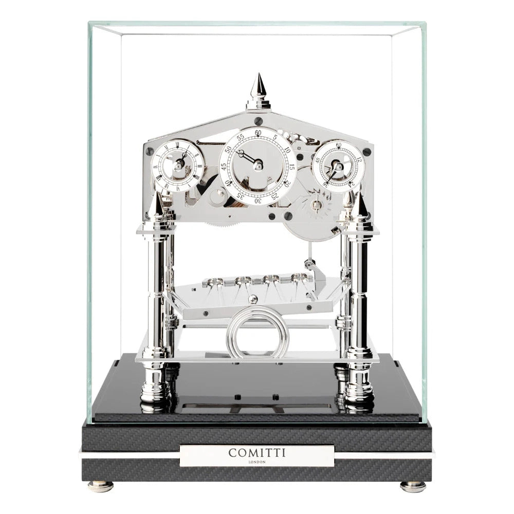 Comitti s5663s - Congreve Table Clock with Rhodium Plated Movement and Glass Carbon Fibre Base