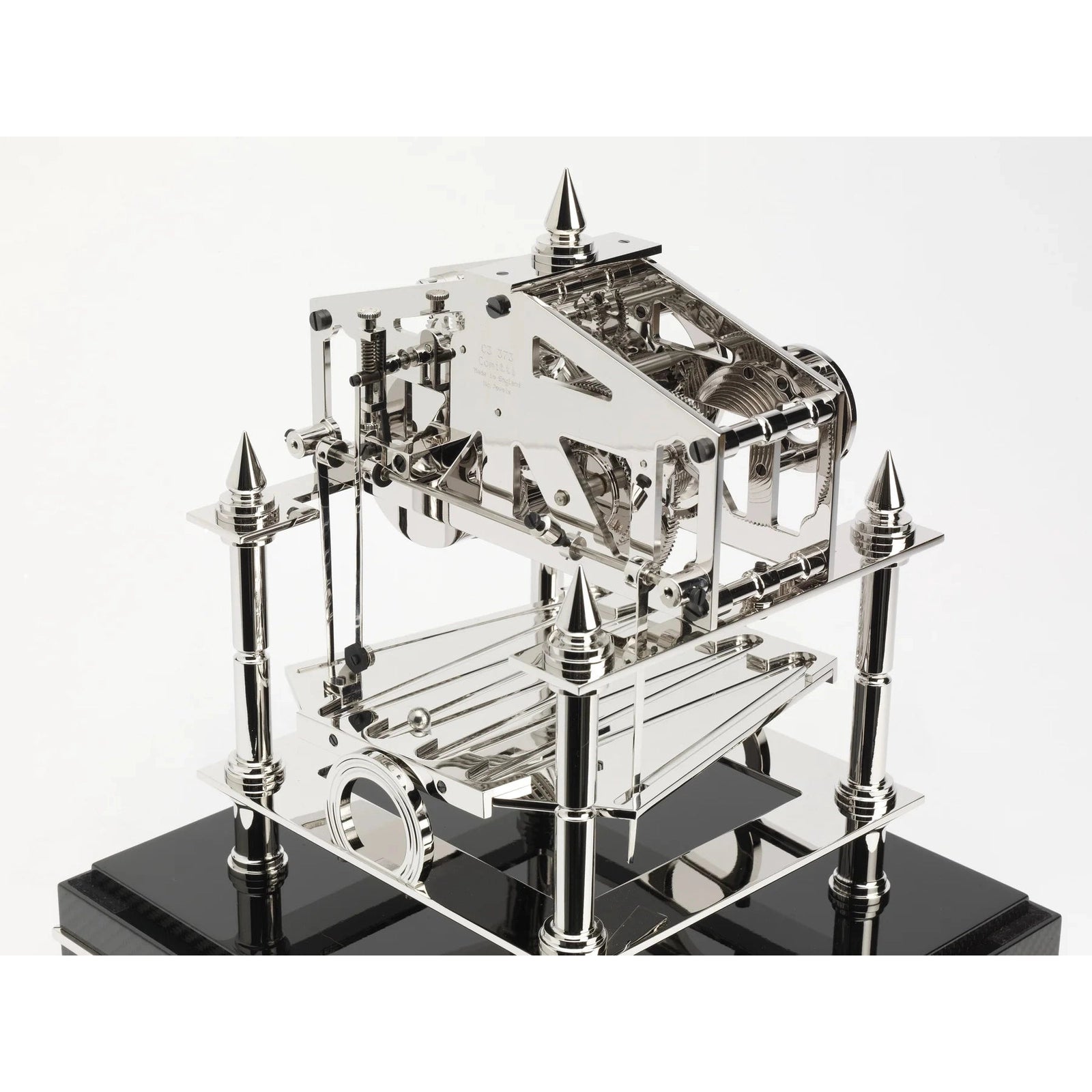 Comitti s5663s - Congreve Table Clock with Rhodium Plated Movement and Glass Carbon Fibre Base