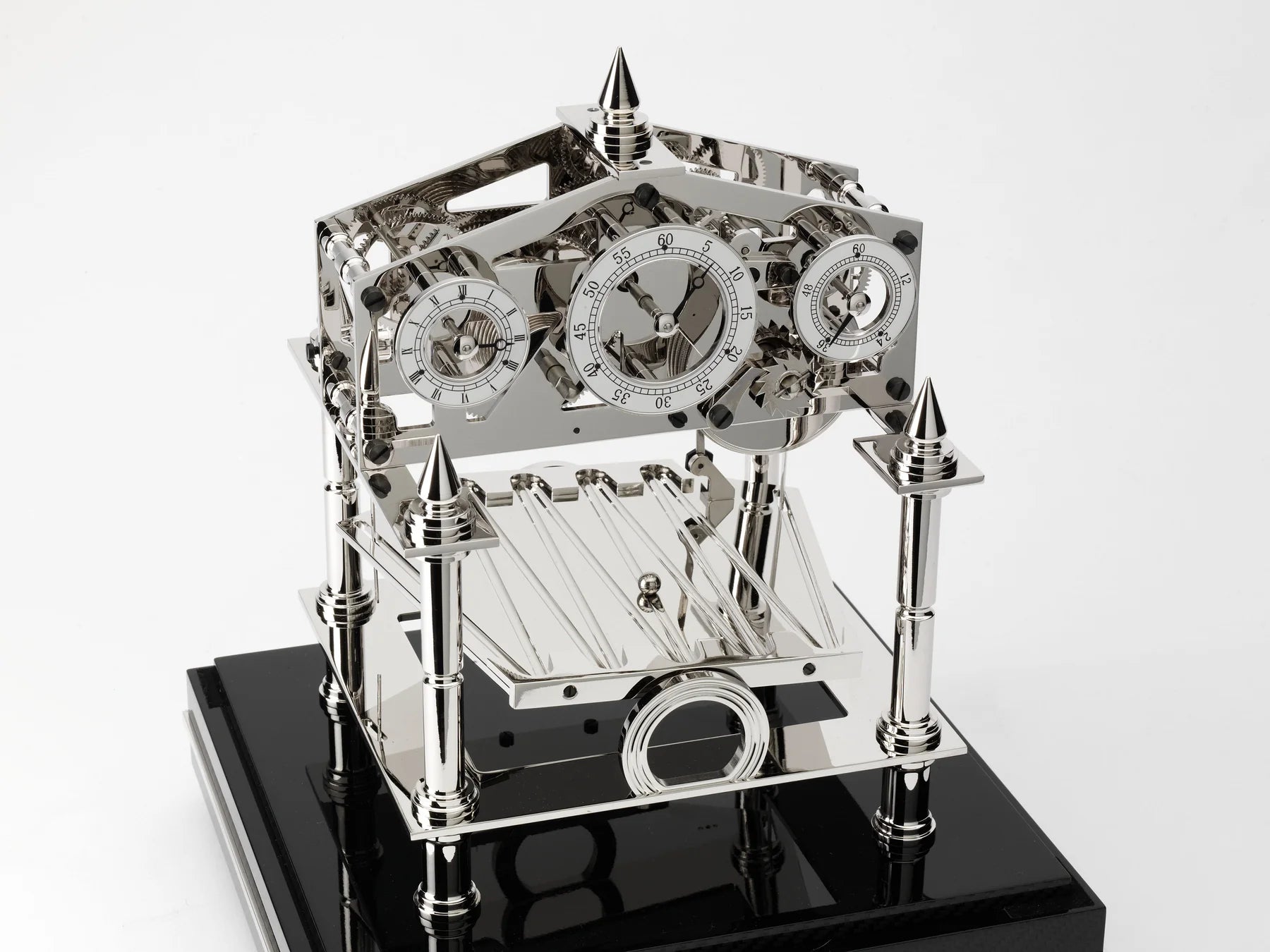 Comitti s5663s - Congreve Table Clock with Rhodium Plated Movement and Glass Carbon Fibre Base
