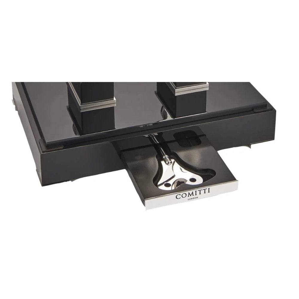 Comitti  Navigator  S5676S Table Clock, Rhodium Plated Fusee Mechanism with Gloss Lacquered Carbon Fiber Base Base