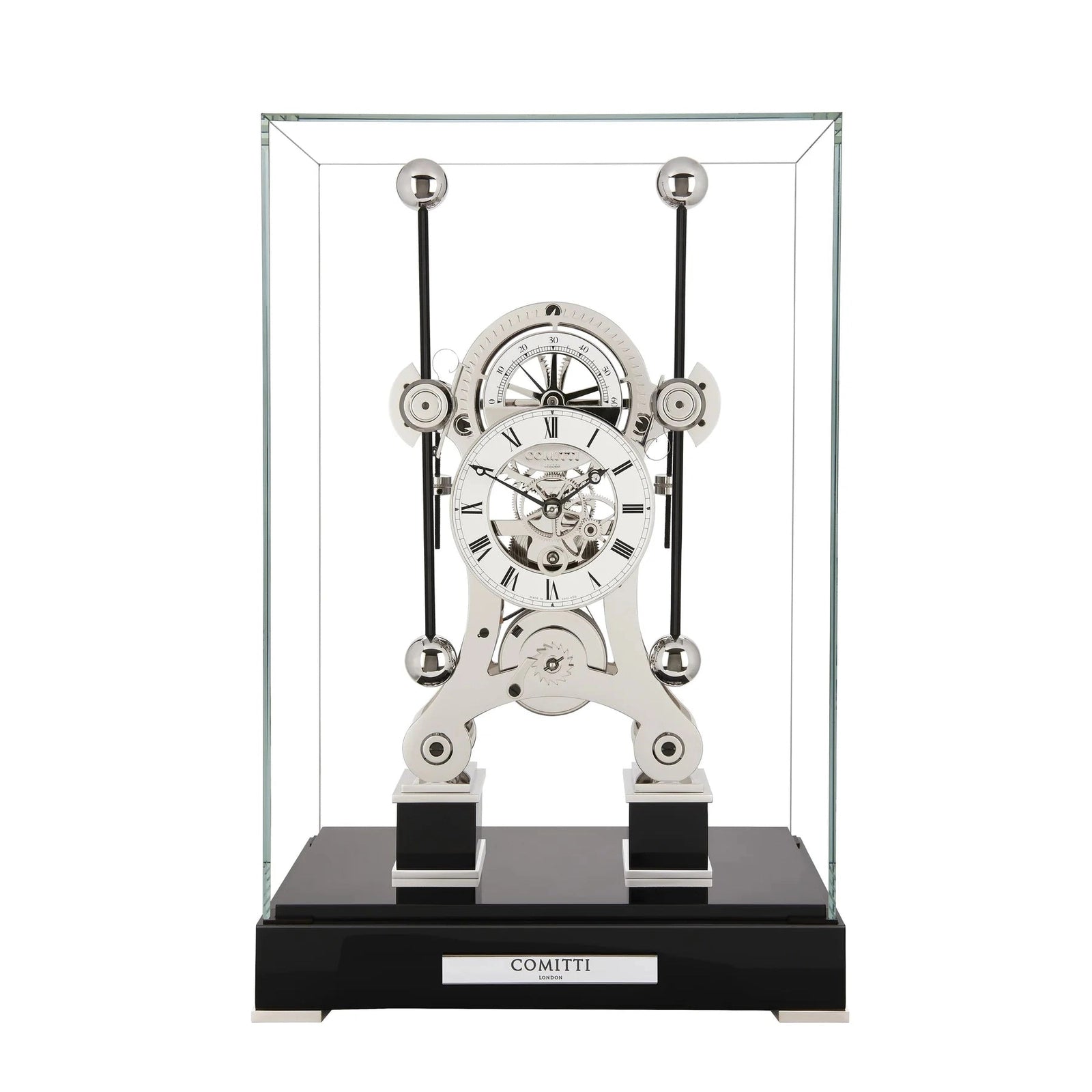 Comitti  Navigator  S5676S Table Clock, Rhodium Plated Fusee Mechanism with Gloss Lacquered Carbon Fiber Base Base