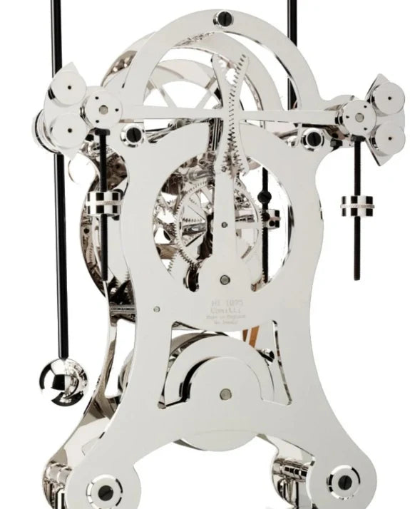 Comitti  Navigator  S5676S Table Clock, Rhodium Plated Fusee Mechanism with Gloss Lacquered Carbon Fiber Base Base