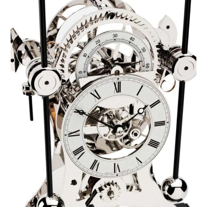 Comitti  Navigator  S5676S Table Clock, Rhodium Plated Fusee Mechanism with Gloss Lacquered Carbon Fiber Base Base