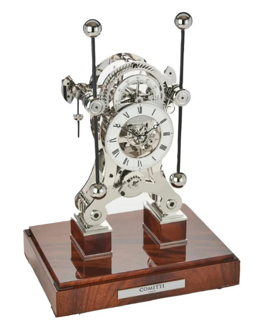 Comitti  Navigator  S5076S Table Clock, Rhodium Plated Fusee Mechanism with Gloss Mahogany Base Base
