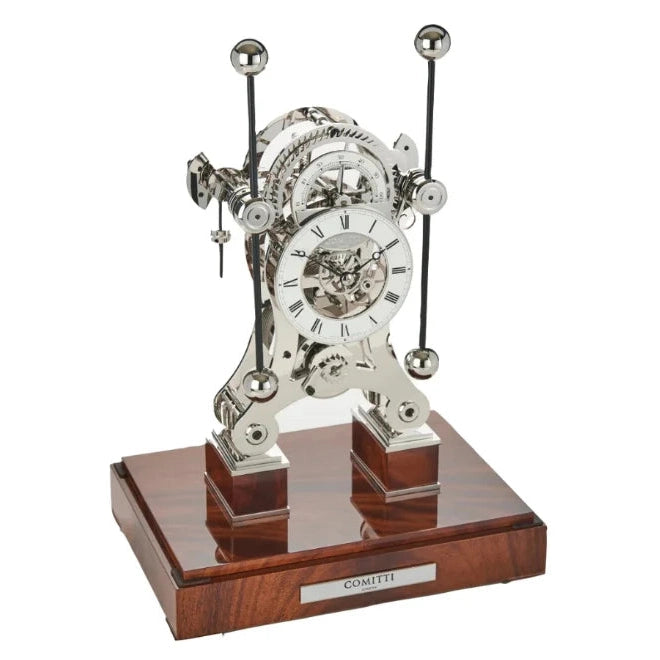 Comitti  Navigator  S5076S Table Clock, Rhodium Plated Fusee Mechanism with Gloss Mahogany Base Base