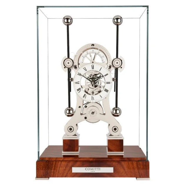 Comitti  Navigator  S5076S Table Clock, Rhodium Plated Fusee Mechanism with Gloss Mahogany Base Base