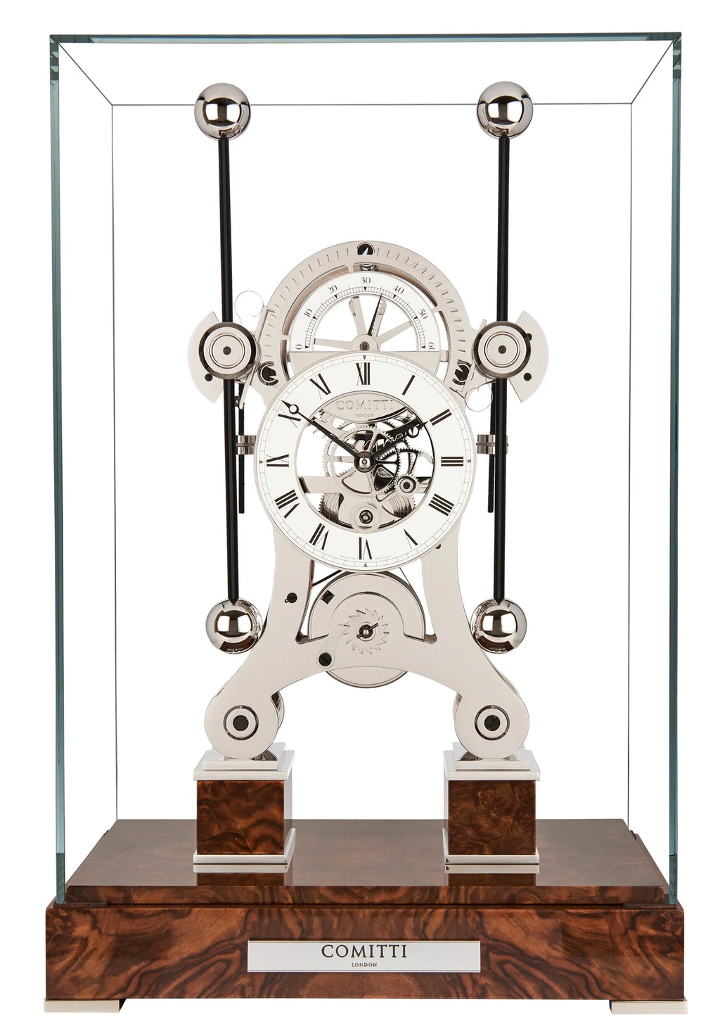Comitti  Navigator  S5276S Table Clock, Rhodium Plated Fusee Mechanism with Gloss Walnut Base Base