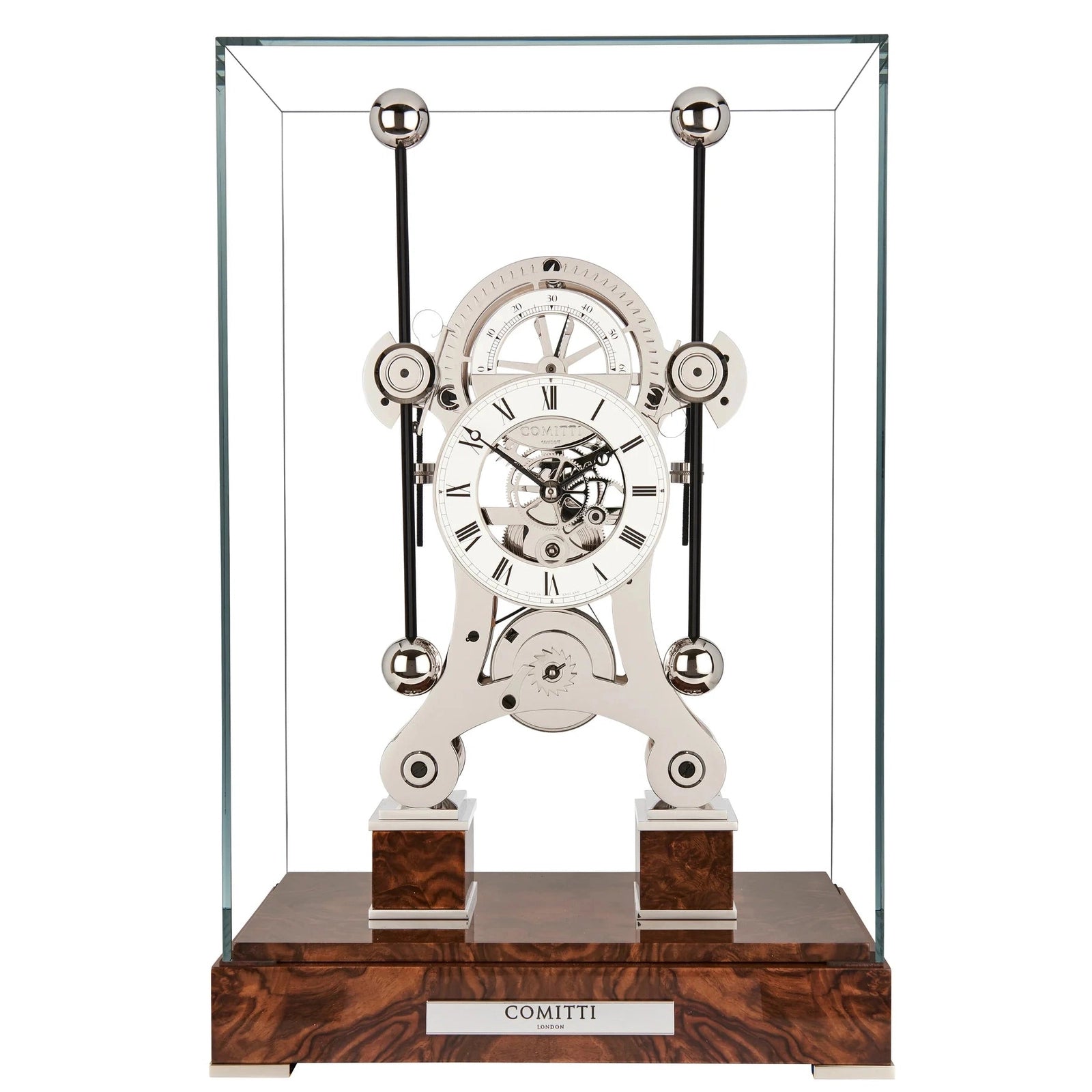 Comitti  Navigator  S5276S Table Clock, Rhodium Plated Fusee Mechanism with Gloss Walnut Base Base