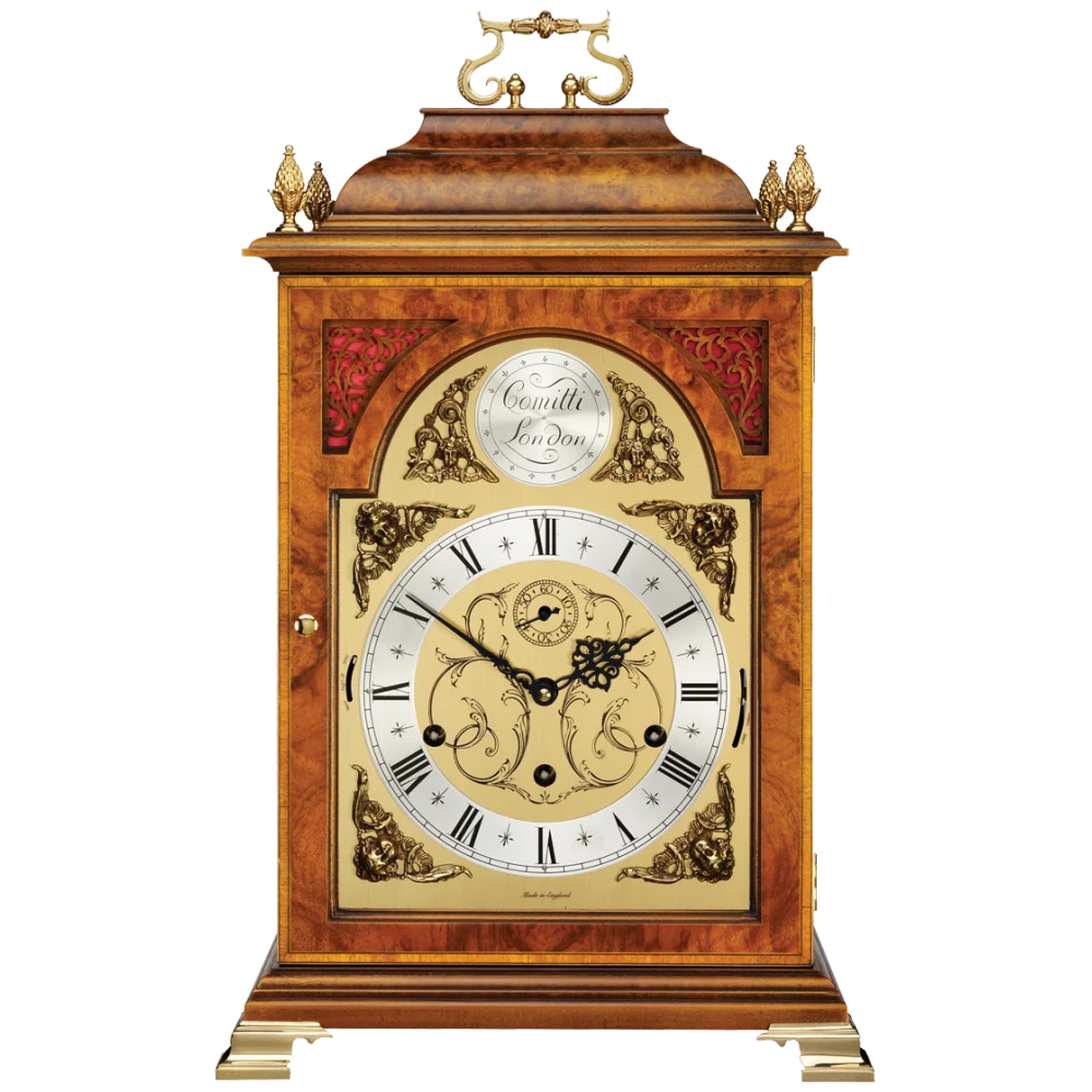 Comitti The Queen Anne - Triple chime 9 bell Table Clock, Burr Walnut, C4112TCH