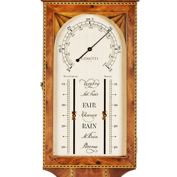 Comitti of London, Sheraton Door Stick Barometer, Cherry with Burr Yew Veneer, b425