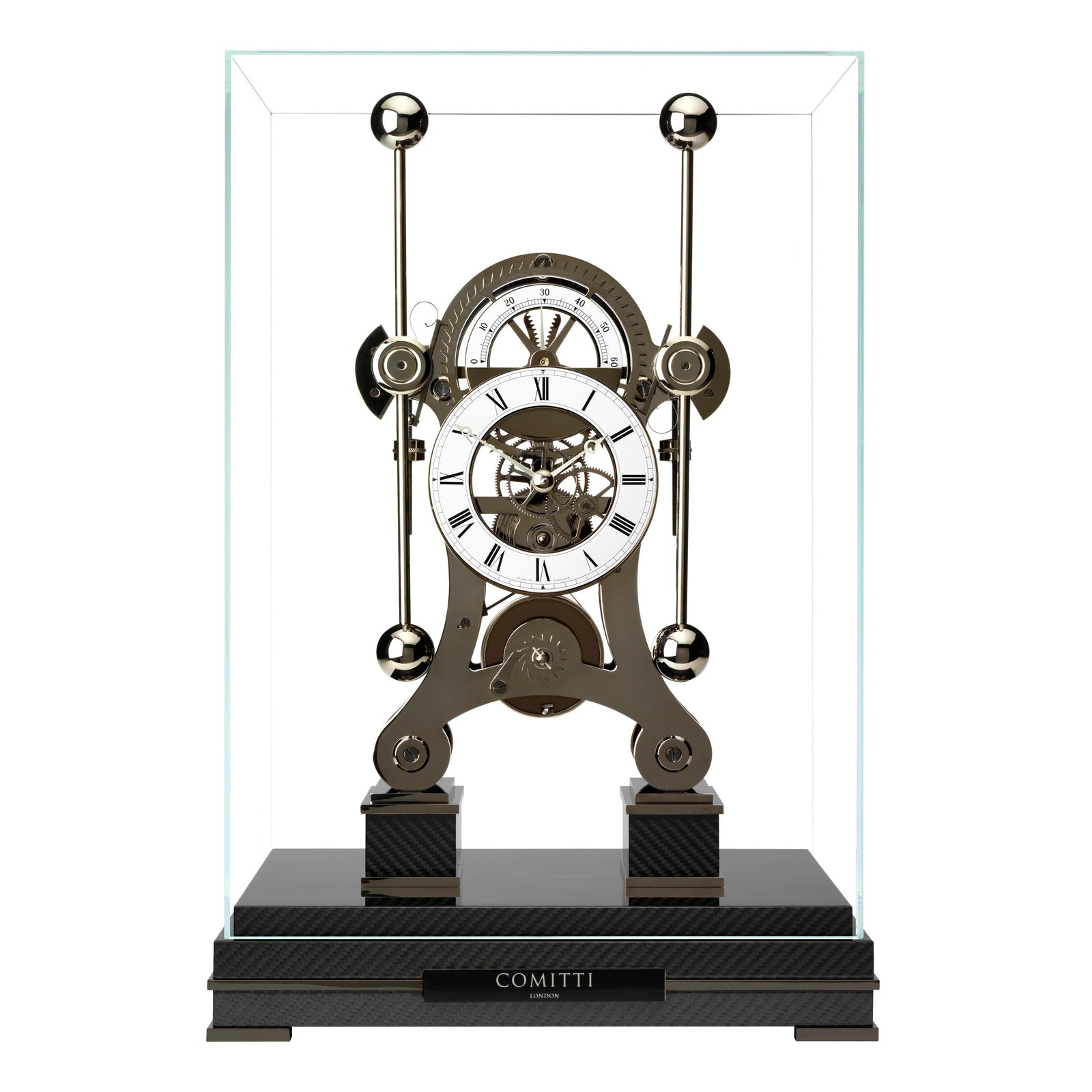 Comitti  Navigator S5666B Table Clock, Limited Edition, Black Rhodium Plated, Gloss Carbon Fibre Base.