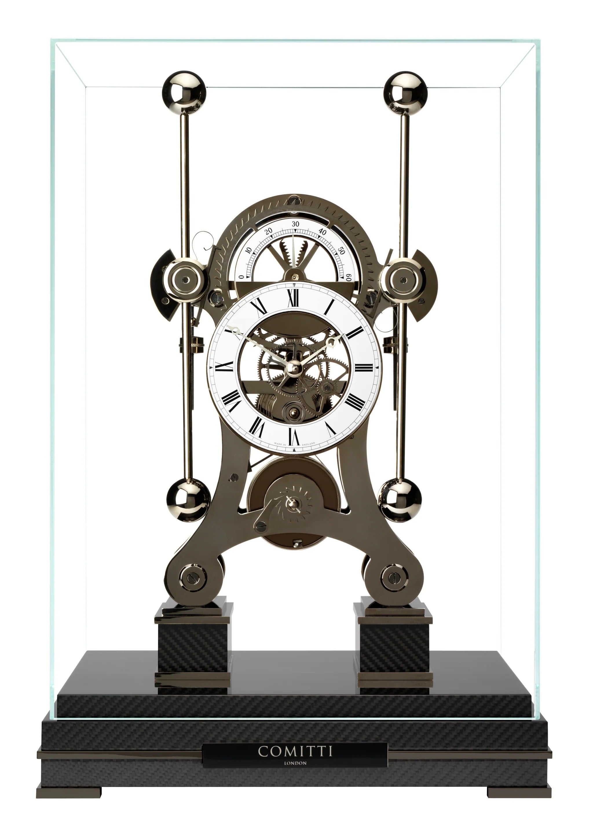 Comitti  Navigator S5666B Table Clock, Limited Edition, Black Rhodium Plated, Gloss Carbon Fibre Base.