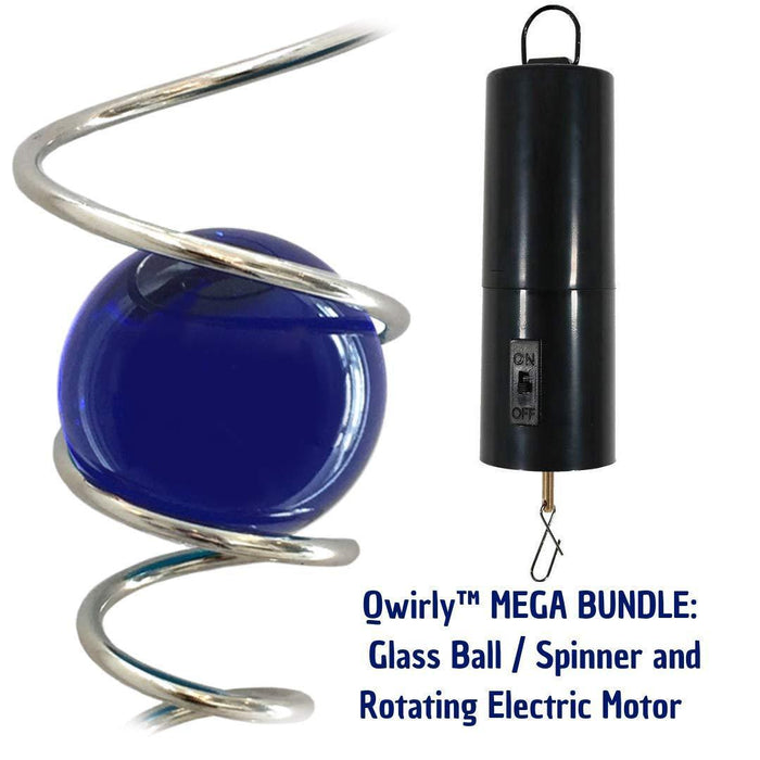Qwirly MEGA Bundle - 3,15"/ 80mm Glass Sphere Gazing Ball with Giant 24" Metal Spiral Tail & 30 RPM Rotating Motor