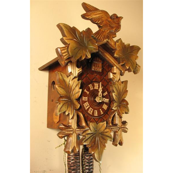 Rombach & Haas (Romba) BIRD AND LEAVES FOREST FINISH Model 1203 1-Day Black Forest Cuckoo Clock with Half and Full Hour Call, Lighter Linden Wood