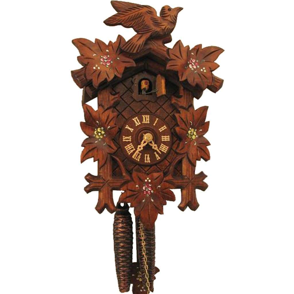 Cuckoo Clock - Rombach & Haas (Romba) BIRD, LEAVES AND  PAINTED FLOWERS Model 1202P 1-Day Black Forest Cuckoo Clock With Half And Full Hour Call In Linden Wood