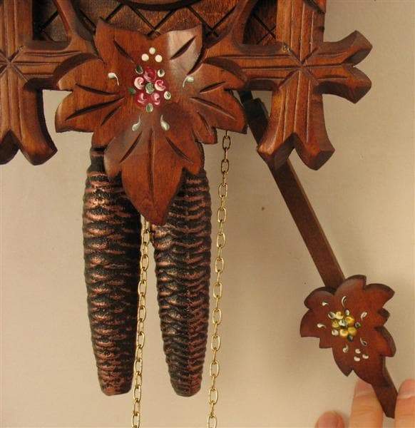 Cuckoo Clock - Rombach & Haas (Romba) BIRD, LEAVES AND  PAINTED FLOWERS Model 1202P 1-Day Black Forest Cuckoo Clock With Half And Full Hour Call In Linden Wood
