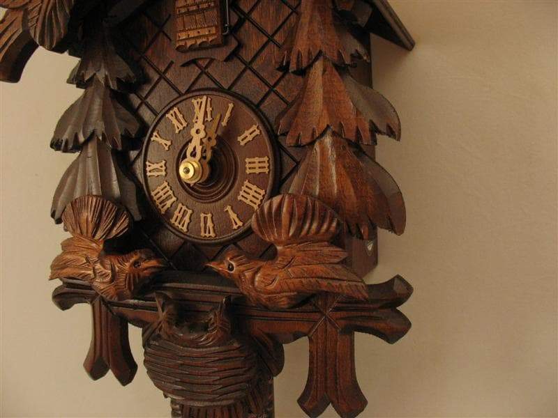 Cuckoo Clock - Rombach & Haas (Romba) FEEDING BIRDS Model 1207 1-Day Black Forest Cuckoo Clock With Half And Full Hour Call, Linden Wood