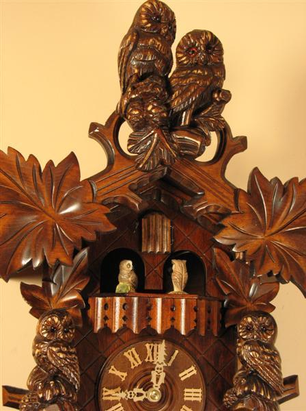 Cuckoo Clock - Rombach & Haas (Romba) HOOTING OWL Model 8360 Black Forest Cuckoo Clock, 8-Day, Spinning Owls