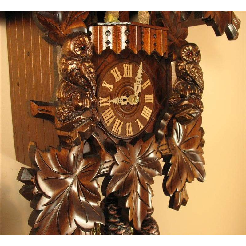 Rombach & Haas (Romba) HOOTING OWL Model 8360 Black Forest Cuckoo Clock, 8-Day, Spinning Owls