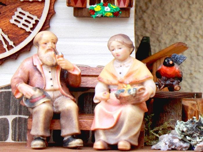 Cuckoo Clock - Rombach & Haas (Romba) OMA OPA Model 1312 Black Forest Cuckoo Clock, 1-Day, Exquisitely Carved With Elderly Couple And Animated Figures