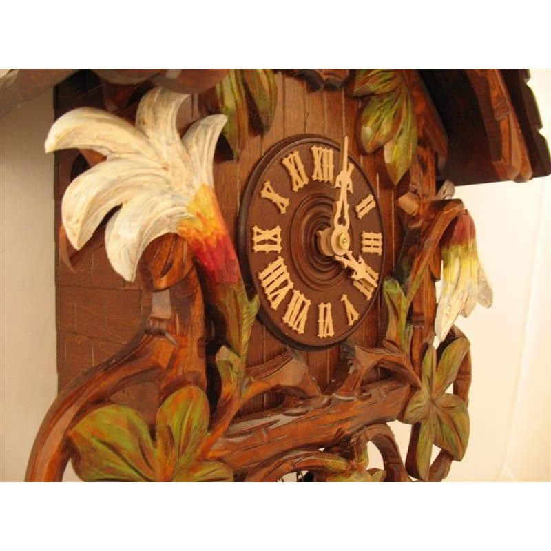 Rombach & Haas (Romba) SWORD LILIES Model 8243 8-Day Black Forest Cuckoo Clock, Hand Carved and Painted