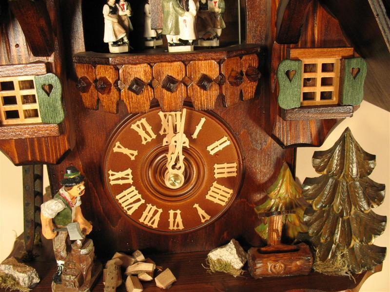 Cuckoo Clock - Rombach & Haas (Romba) WOODCHOPPER Model 8362, 8-Day Black Forest Cuckoo Clock, Chalet Style With Music Box And Dancers