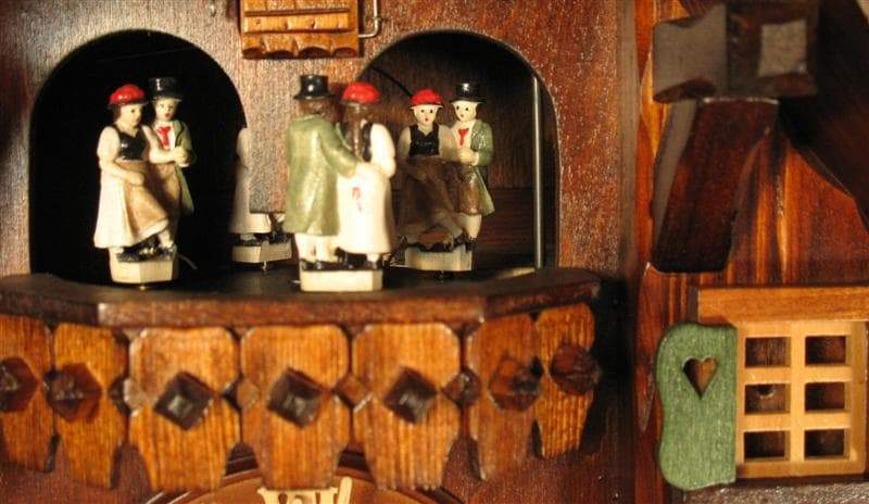 Cuckoo Clock - Rombach & Haas (Romba) WOODCHOPPER Model 8362, 8-Day Black Forest Cuckoo Clock, Chalet Style With Music Box And Dancers