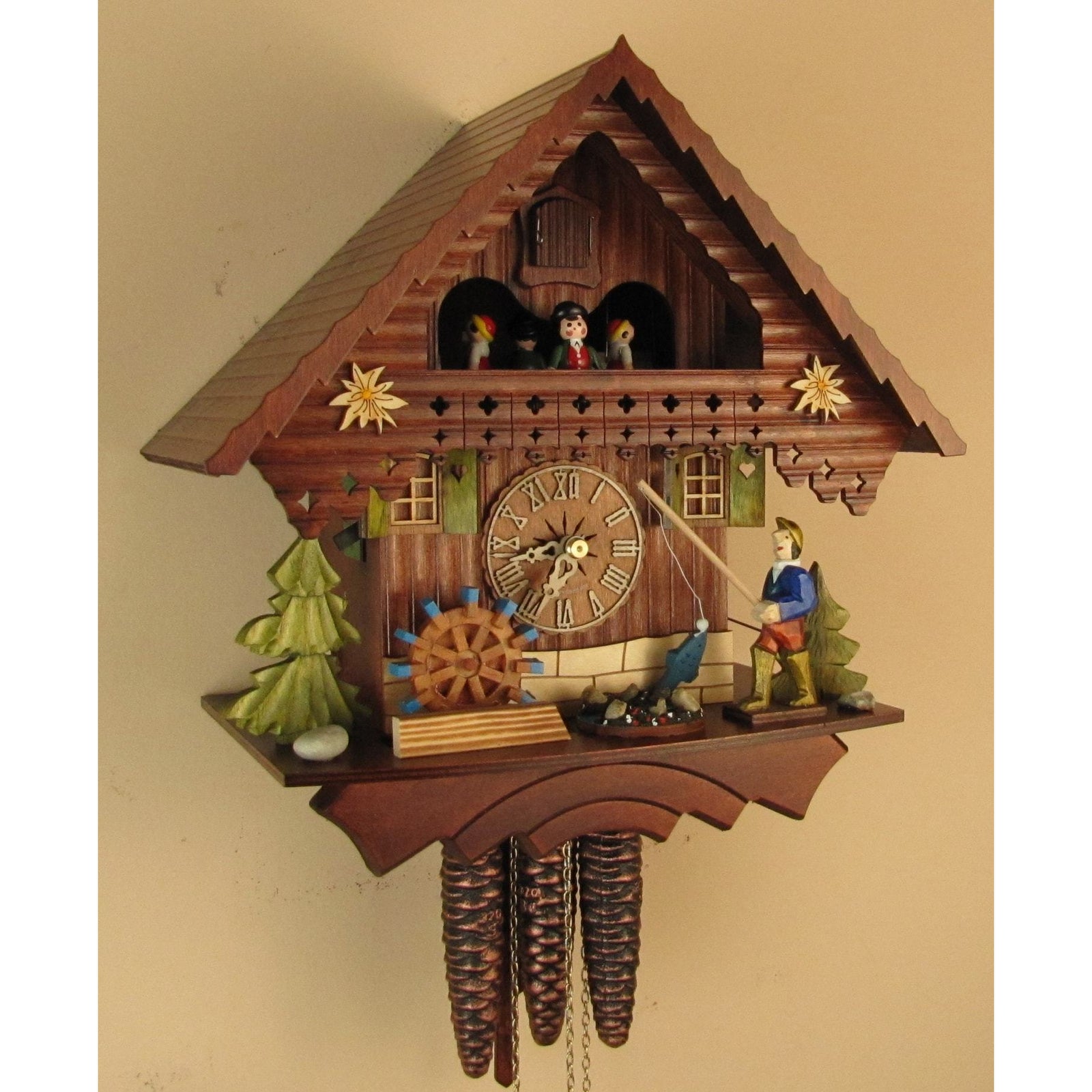 Sternreiter Fisherman Black Forest Mechanical Cuckoo Clock #1383 with Animated fisherman who Plays Blue Danube on LARGE Music Box