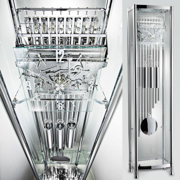 Floor Clock / Grandfather Clock - Kieninger 0126-02-01 Glass & Chrome Floor Clock With Tubular Triple Chimes, Ltd