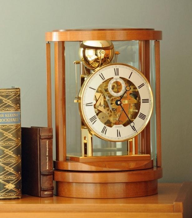 Mantel / Mantle / Table Clock - Kieninger 1711-41-01 AKUATA Round Design Mantel Clock With Triple Chimes On 9 Diamind-Cut Nested Bells In Walnut And Brass
